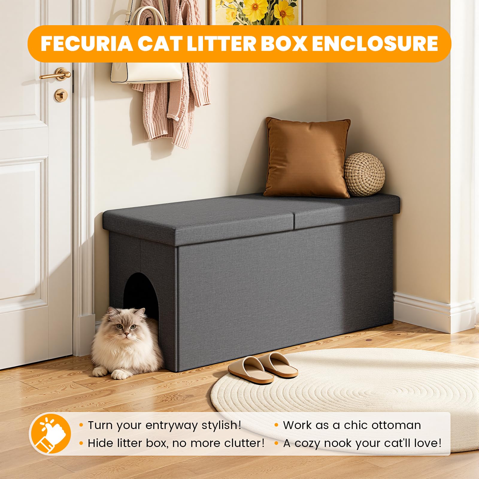 Fecuria space-saving bench doubles as a footrest and storage.