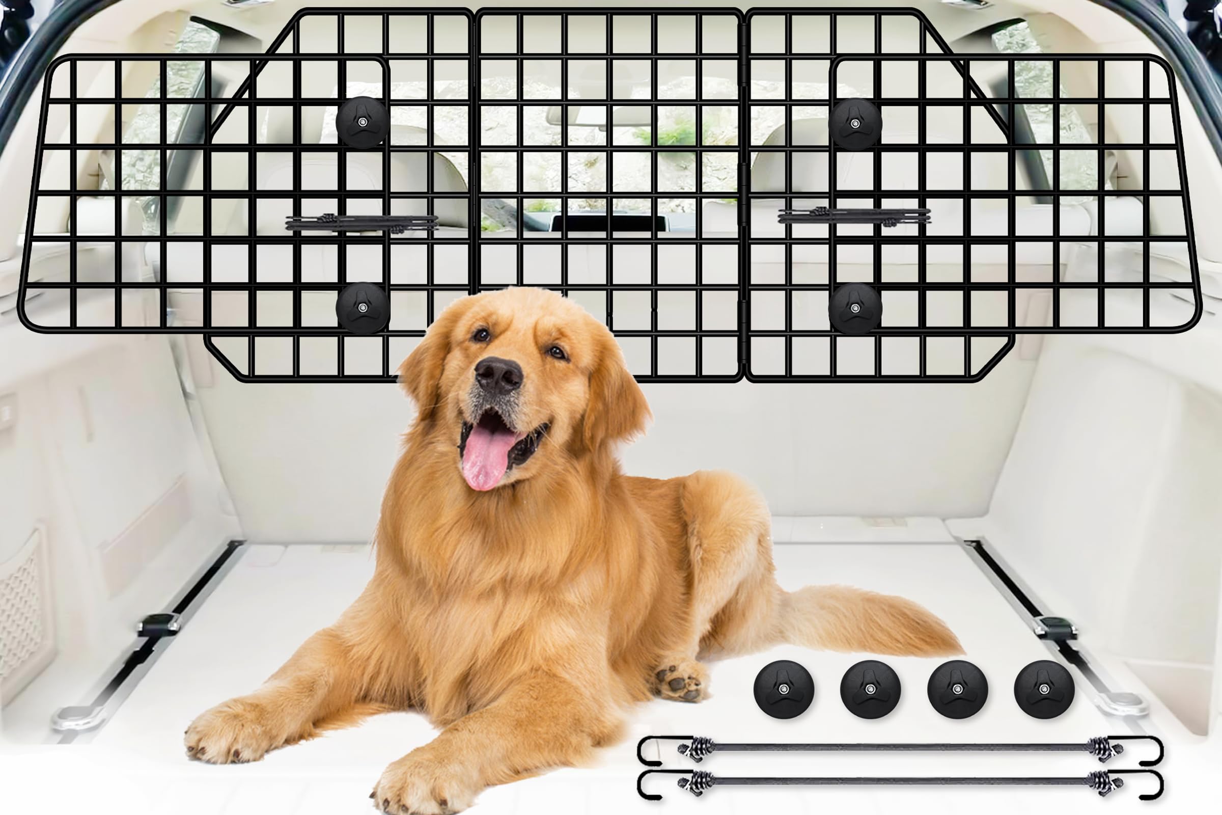 FEED GARDEN dog barrier for SUV assembly shows universal-fit design for secure travel
