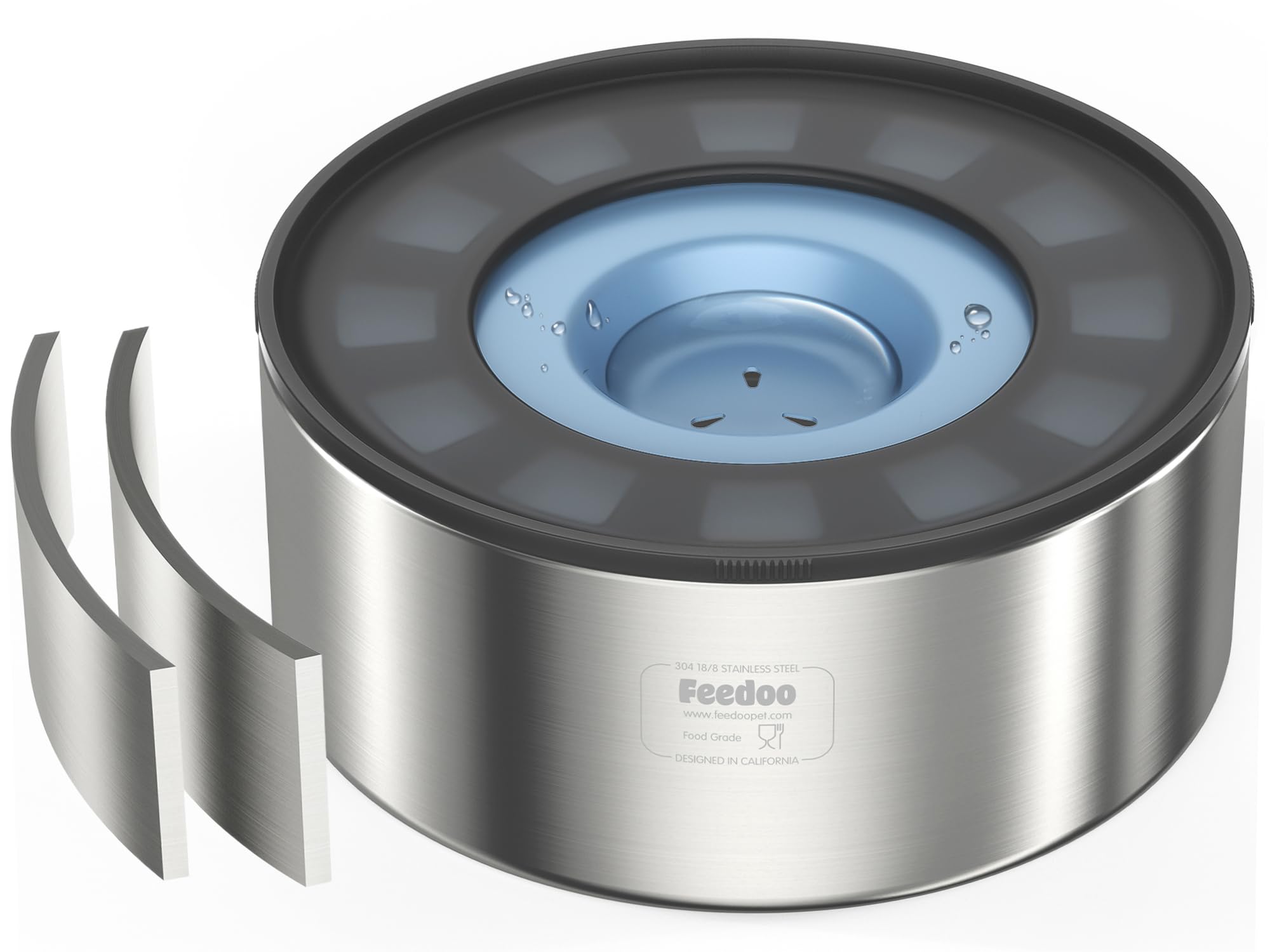 Feedoo 2L no-spill bowl front view keeps water cool for dogs.