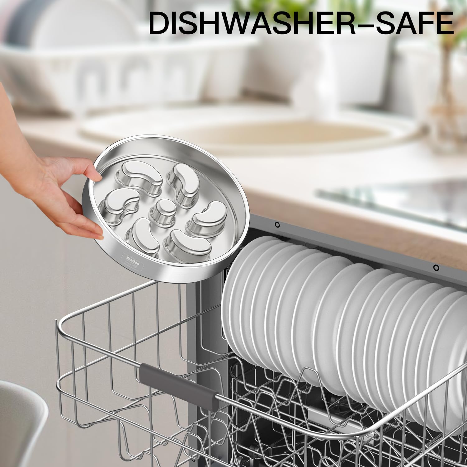 Feedoo dishwasher-safe dog bowl for easy cleaning.
