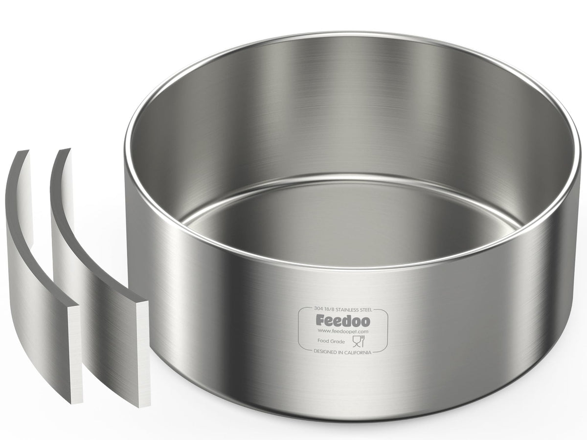 Feedoo double-walled dog bowl front view showing size and insulation benefits for meals