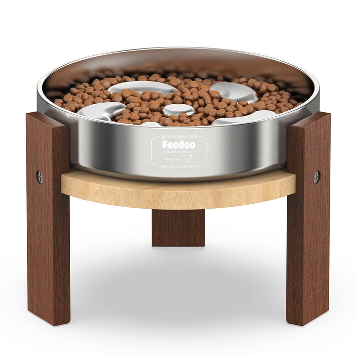 Feedoo elevated dog bowl stand 6in top view showcases sturdy hardwood construction.