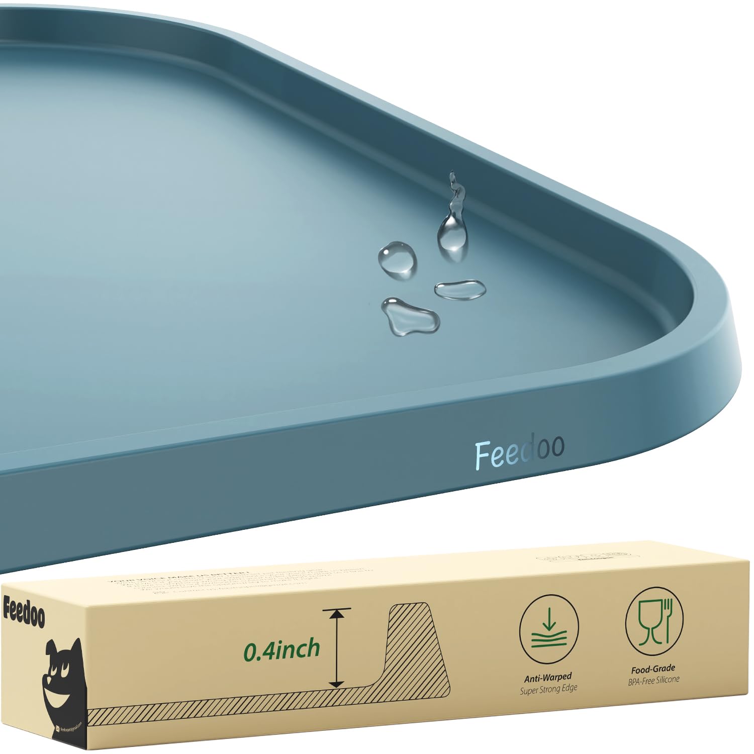 Feedoo pet feeding mat with raised edge keeps bowls stable and reduces mess.