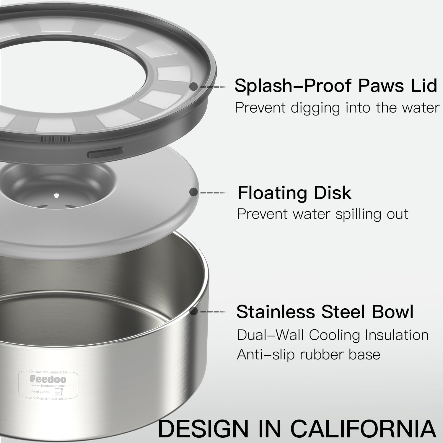 Feedoo splash-proof paws lid shown; minimizes pawing and spills.
