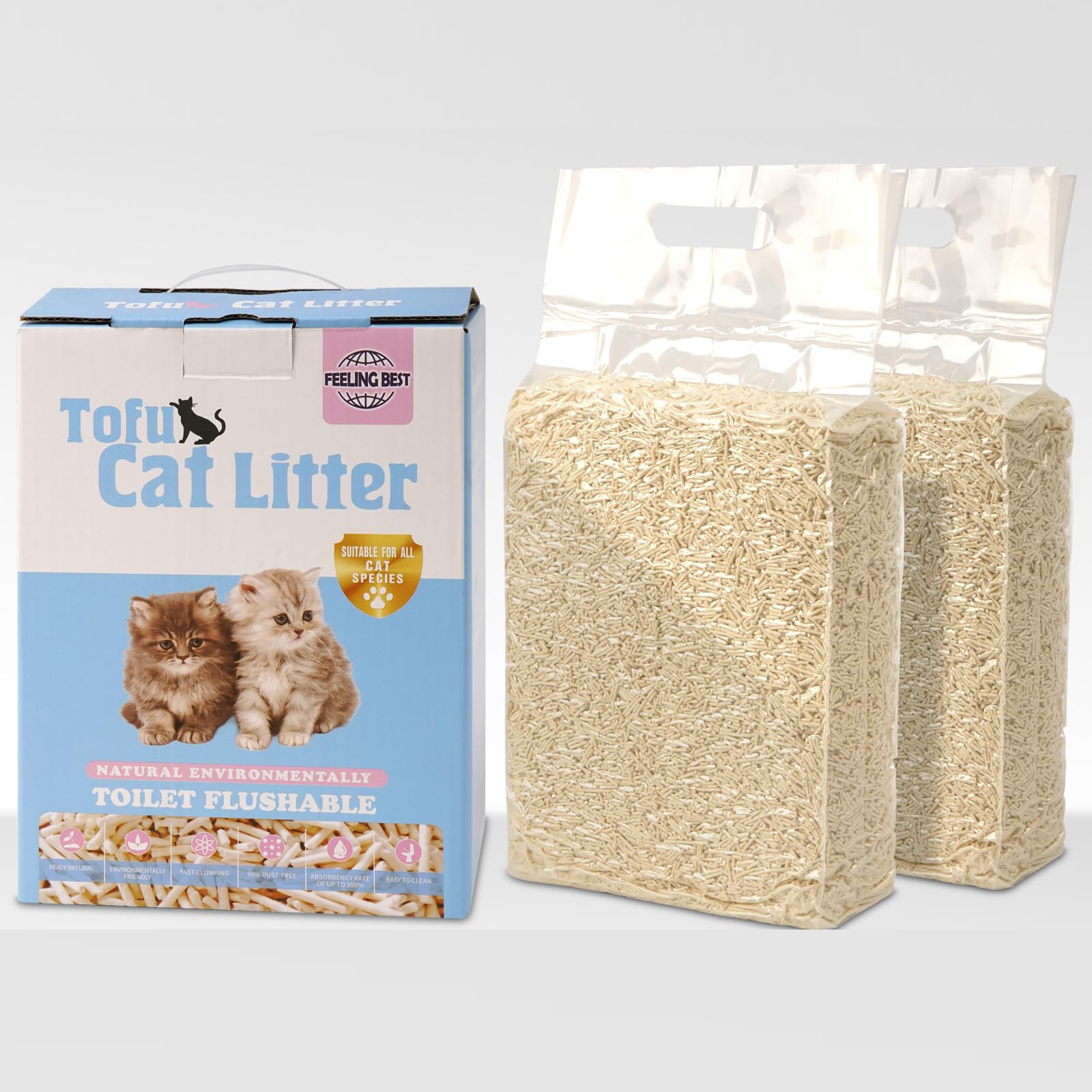 FEELING BEST Tofu Cat Litter packaging shown, eco friendly materials for responsible care.