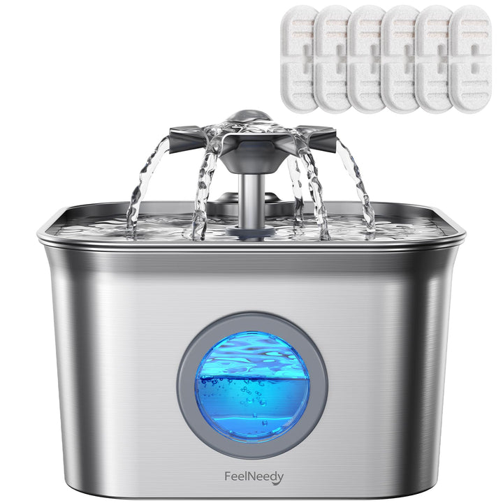 FEELNEEDY stainless steel cat fountain full view with 2.8L capacity for multi-cat hydration.