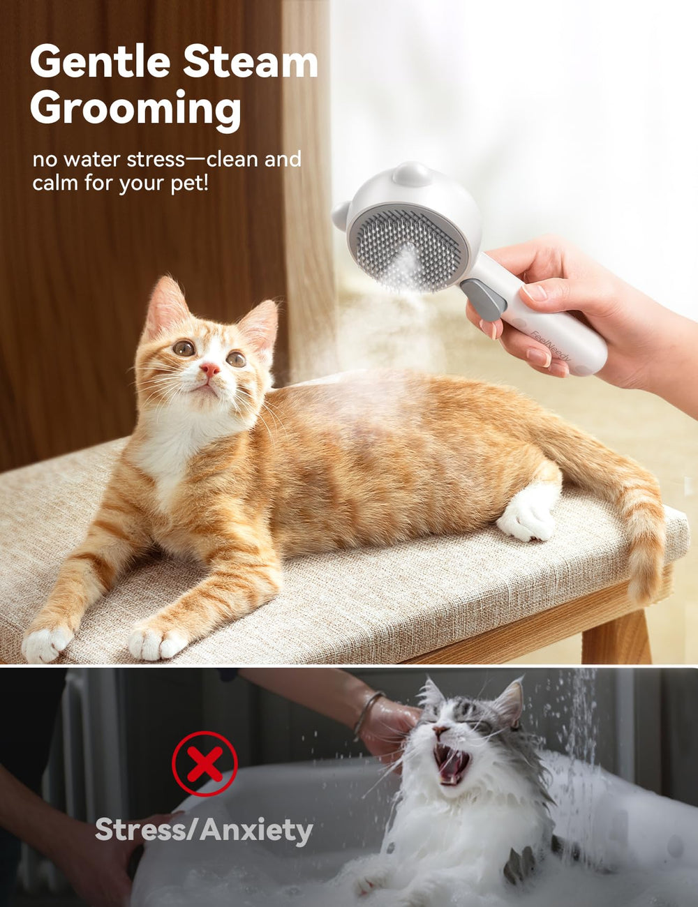 FEELNEEDY Cat Steam Brush one-touch-cleaning button makes fur removal quick