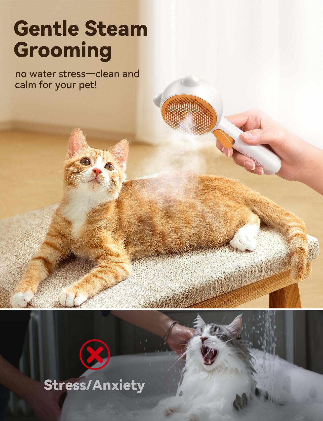 FEELNEEDY Pet Steam Brush with dual-speed control for gentle or deep sessions.