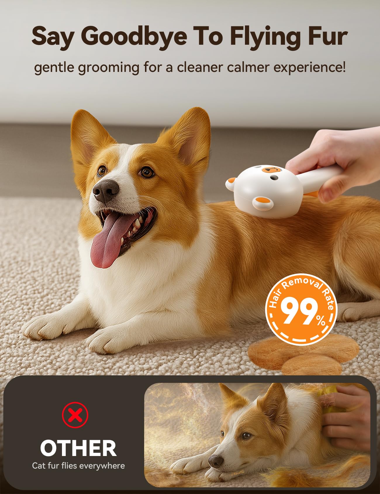 FEELNEEDY Pet Steam Brush water-tank showing steam distribution for consistent prep.