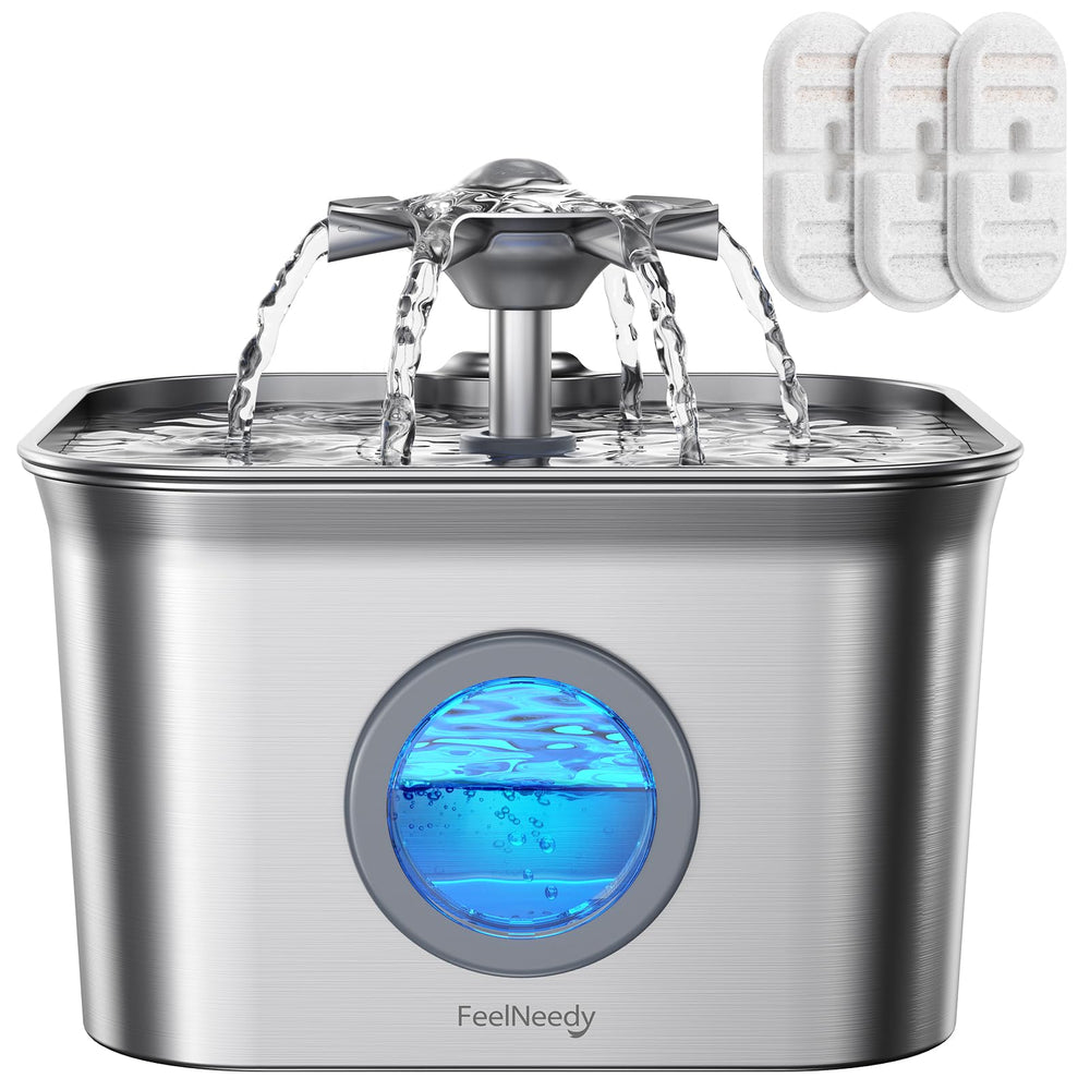 FEELNEEDY stainless steel fountain shows 2.8L capacity for steady hydration