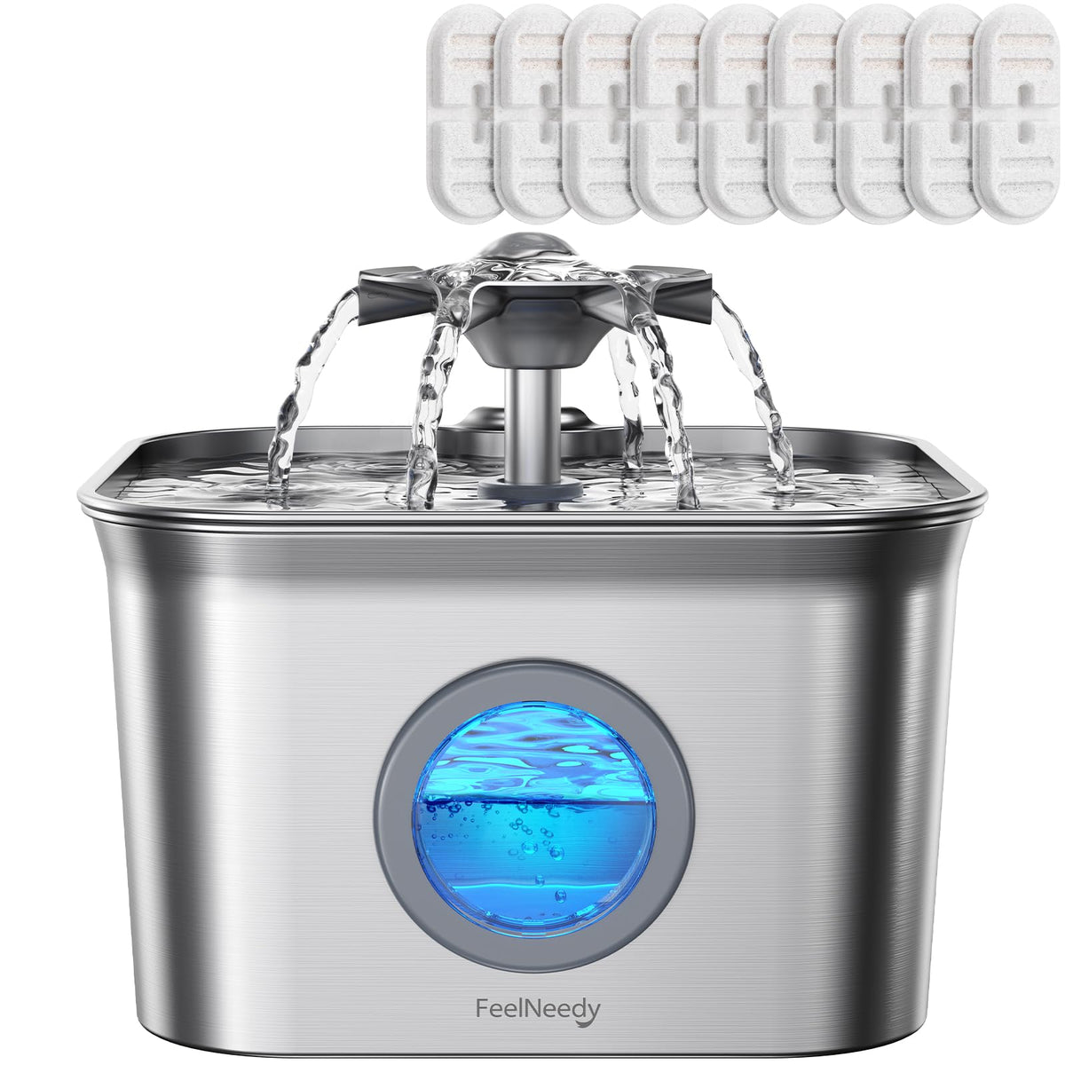 FEELNEEDY stainless steel cat fountain with 2.8L capacity for multiple cats.