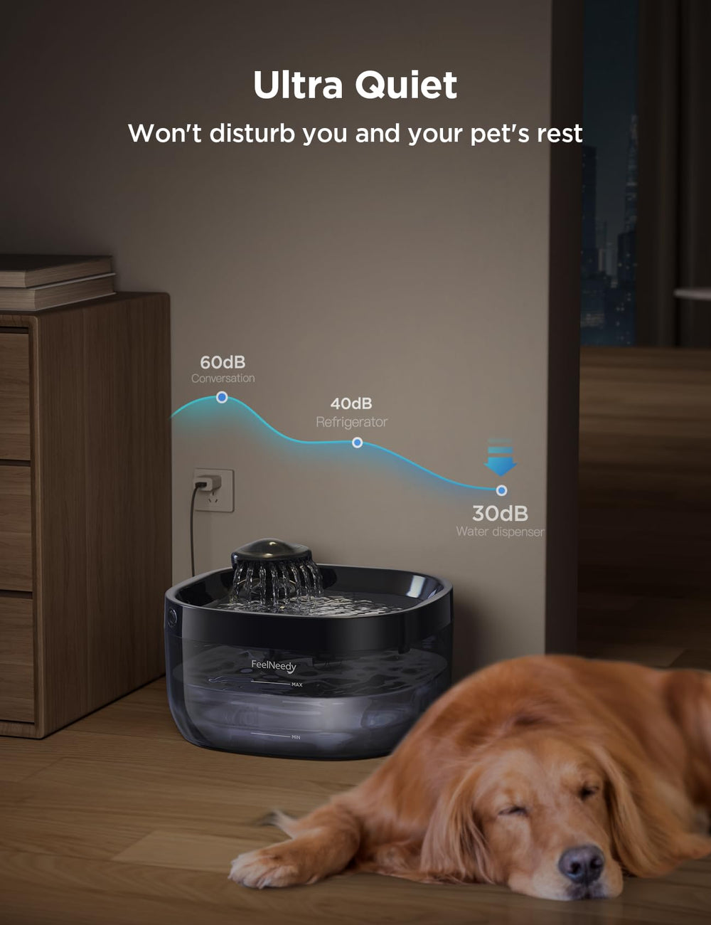 FEELNEEDY transparent water basin lets you monitor water level easily.