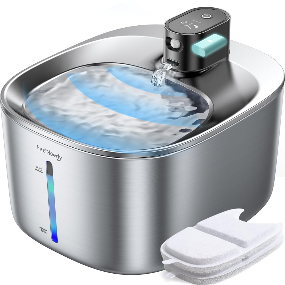 FEELNEEDY wireless cat water fountain front view showing cordless setup benefits