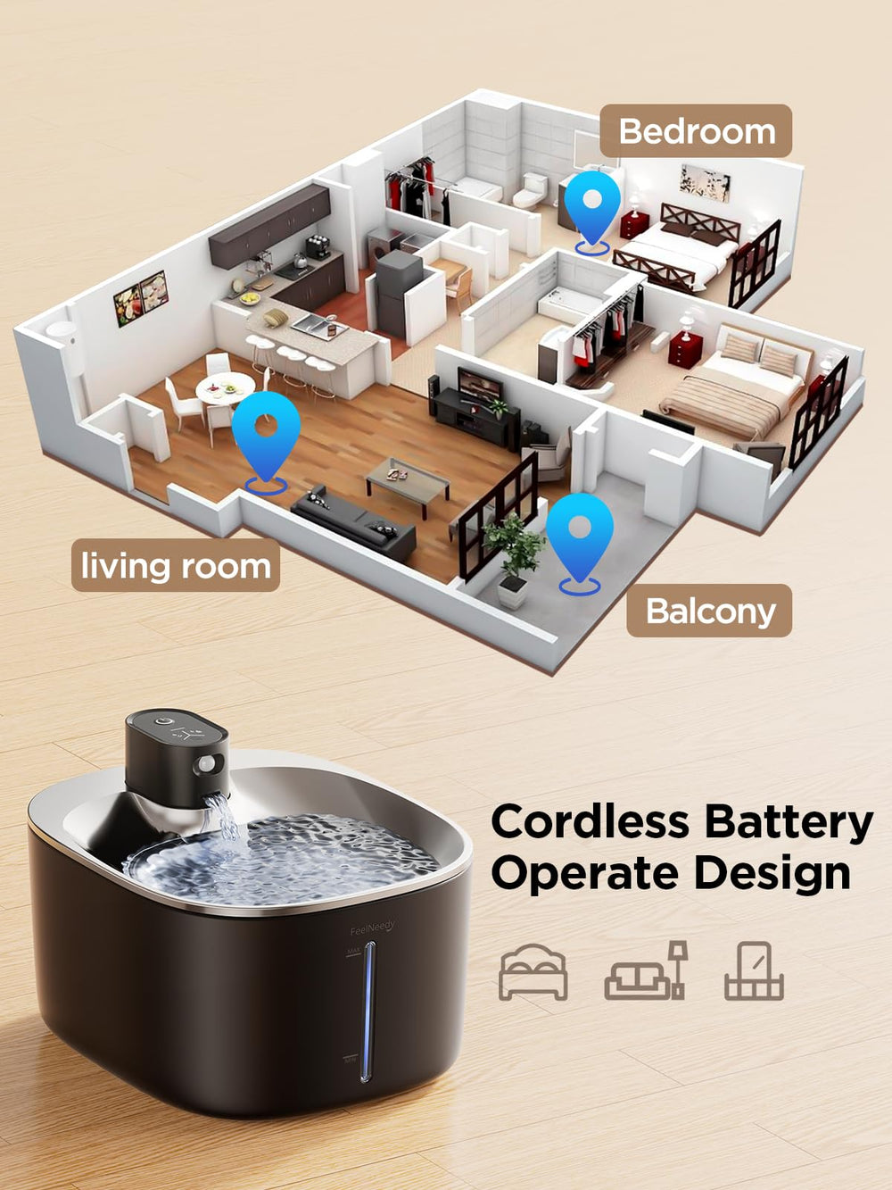 FEELNEEDY 210ml backup water tray ensures hydration during power outages.