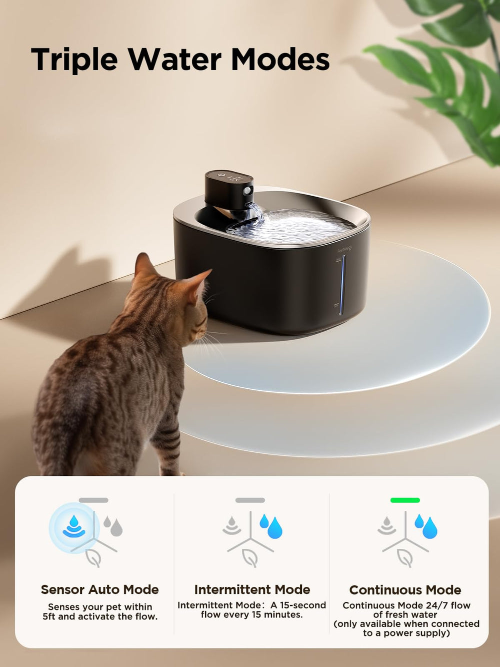 FEELNEEDY motion sensor activation highlights auto-dispense for thirsty cats.