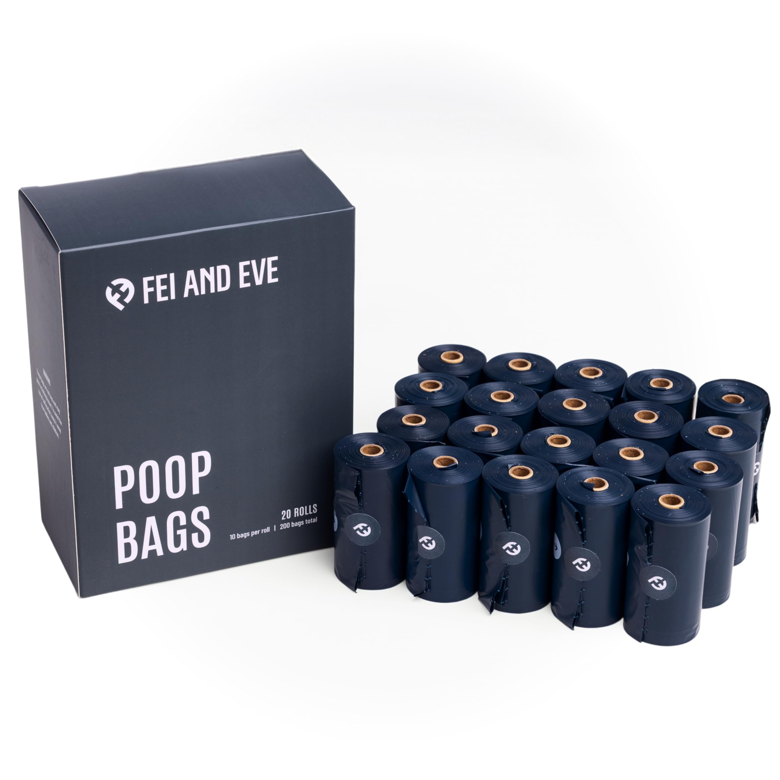 Fei and Eve dog poop bags with ultra thick 25 micron material for leak-proof cleanup.