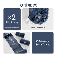 Fei and Eve bags show full blackout design with odor-locking for discreet disposal.