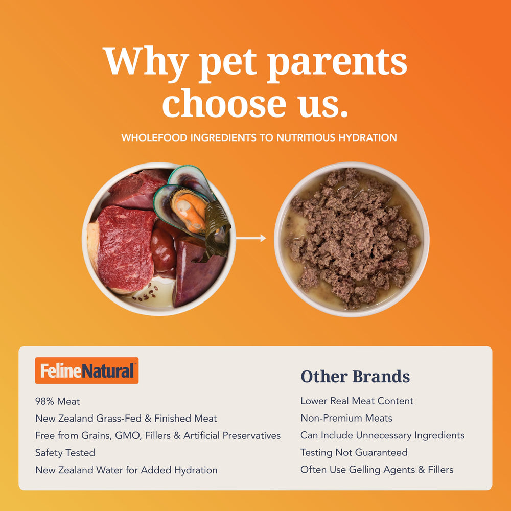 Feline Natural 12-pack convenience helps simplify weekly cat meals.