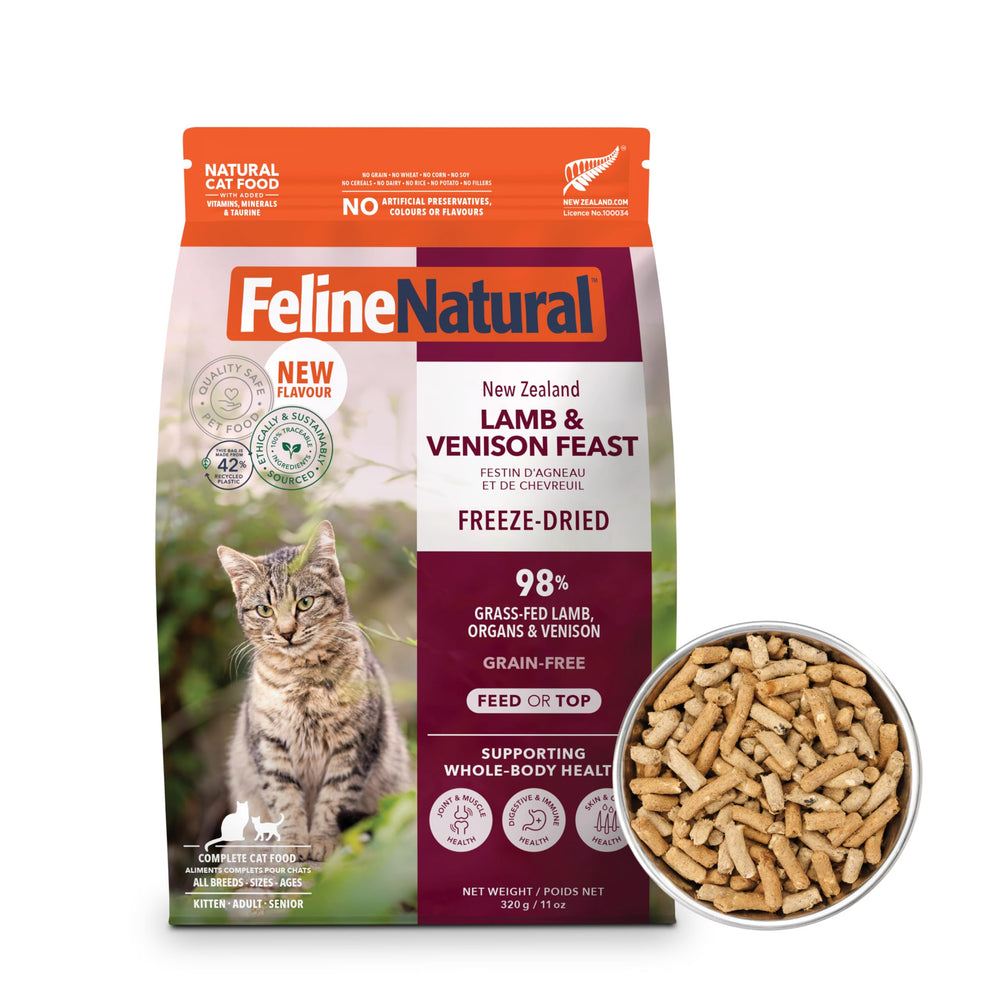 Feline Natural freeze-dried cat food chunks close-up showing high-protein texture