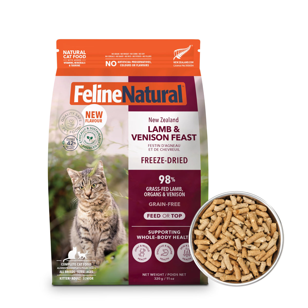 Feline Natural freeze-dried cat food chunks close-up showing high-protein texture