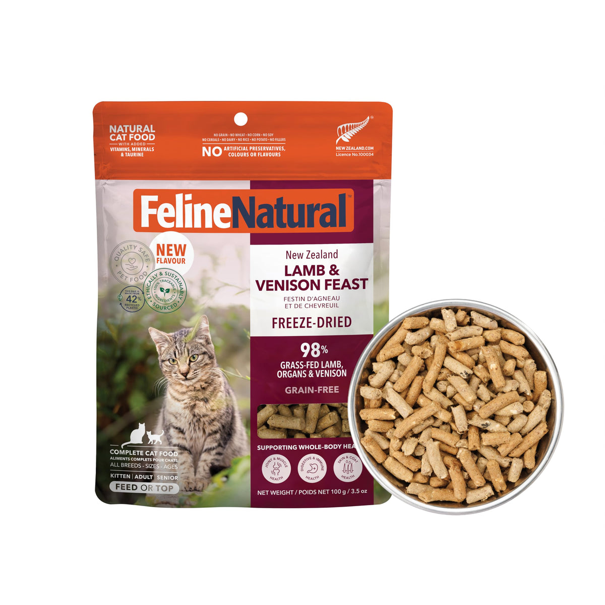 Feline Natural Freeze-Dried Cat Food packaging showing grain-free formulation for cats.