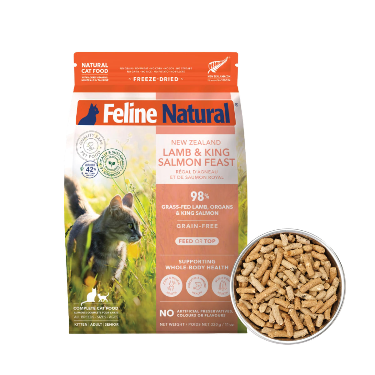 Feline Natural high protein dry cat food bag front with meat-first formula