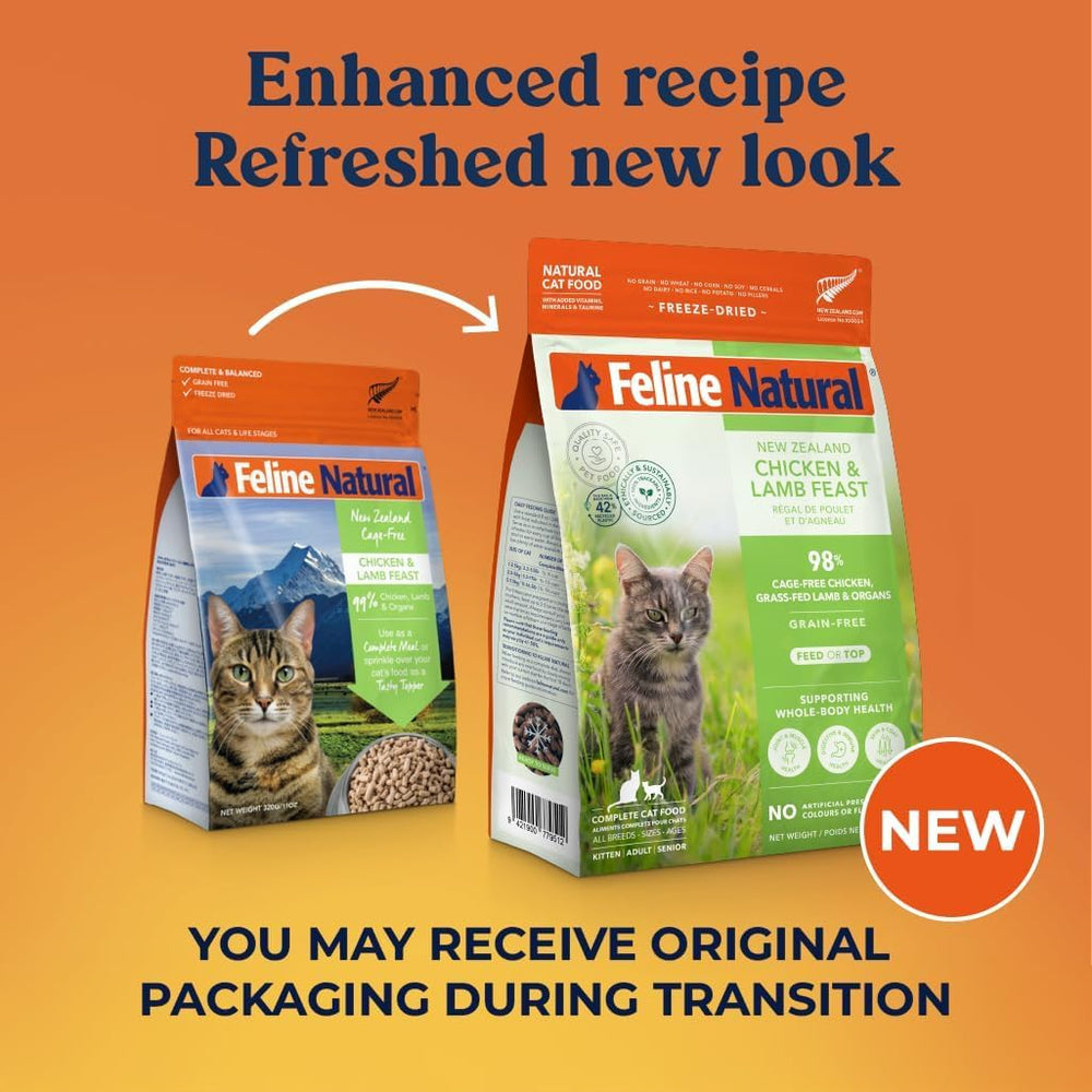 Feline Natural grain-free label close-up emphasizing peas-free nutrition.