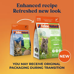 Feline Natural grain-free label close-up emphasizing peas-free nutrition.