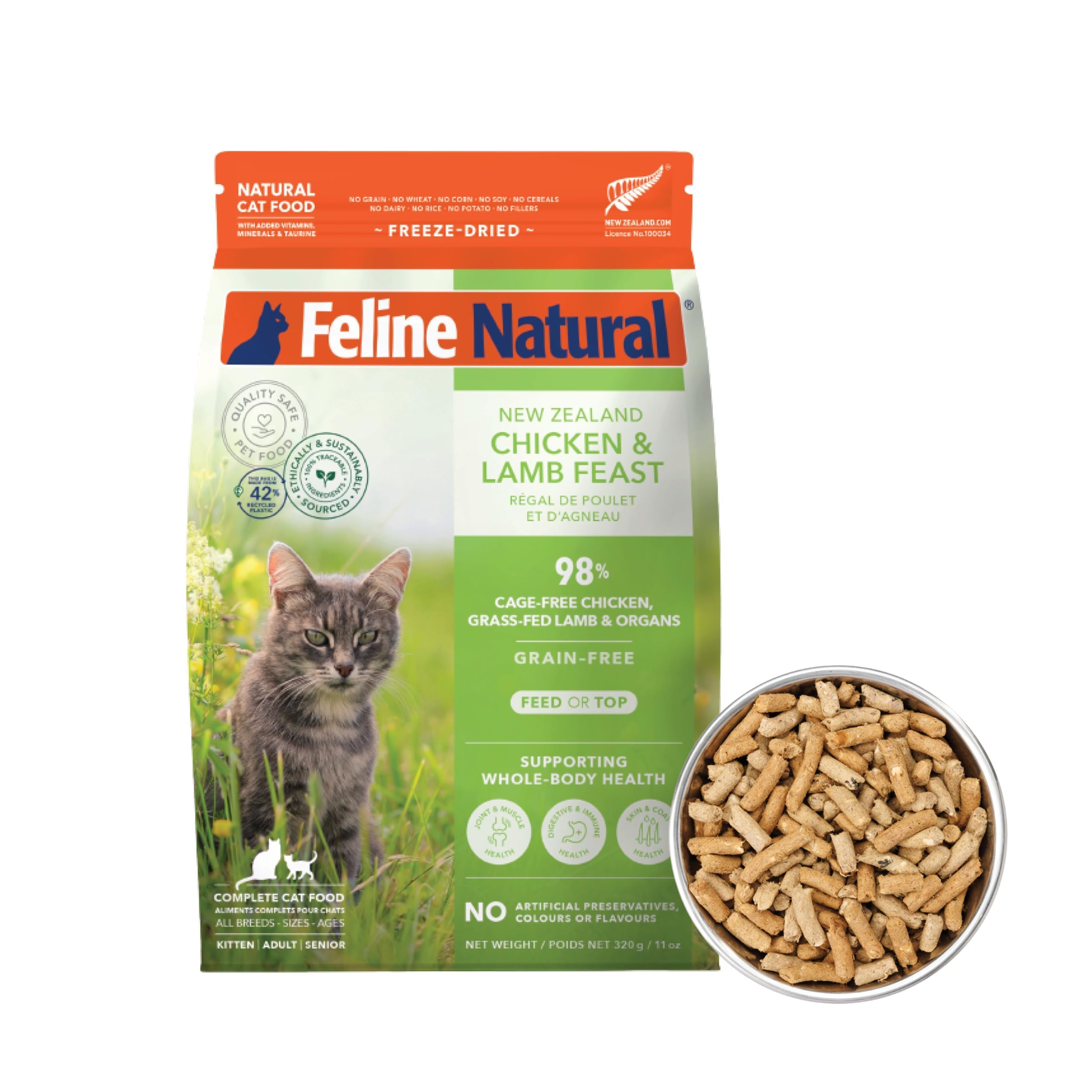 Feline Natural high-protein kibble close-up for lean muscle support.