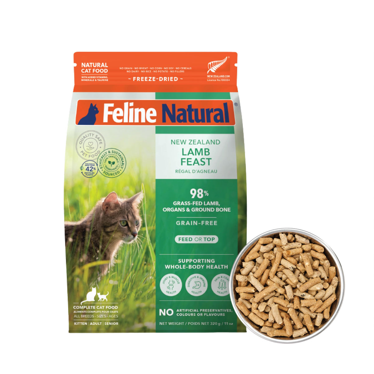Feline Natural high-protein dry cat food label shows transparent ingredients for trusted sourcing.