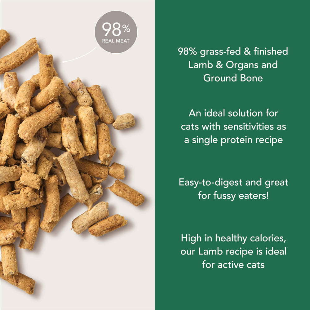 Feline Natural high-protein dry cat food New Zealand-made badge signals quality production.