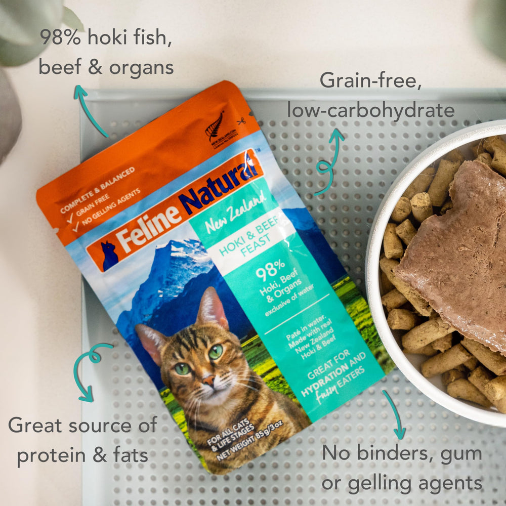 Feline Natural Hoki-Beef Pâté Pouch—soft pâté texture ideal for picky eaters.