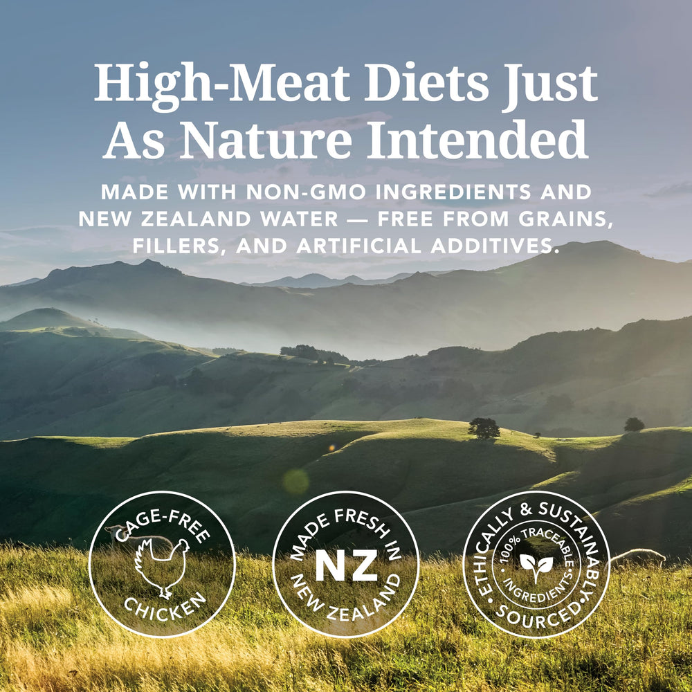 Feline Natural New Zealand catfood moisture-rich can closeup emphasizes hydration.