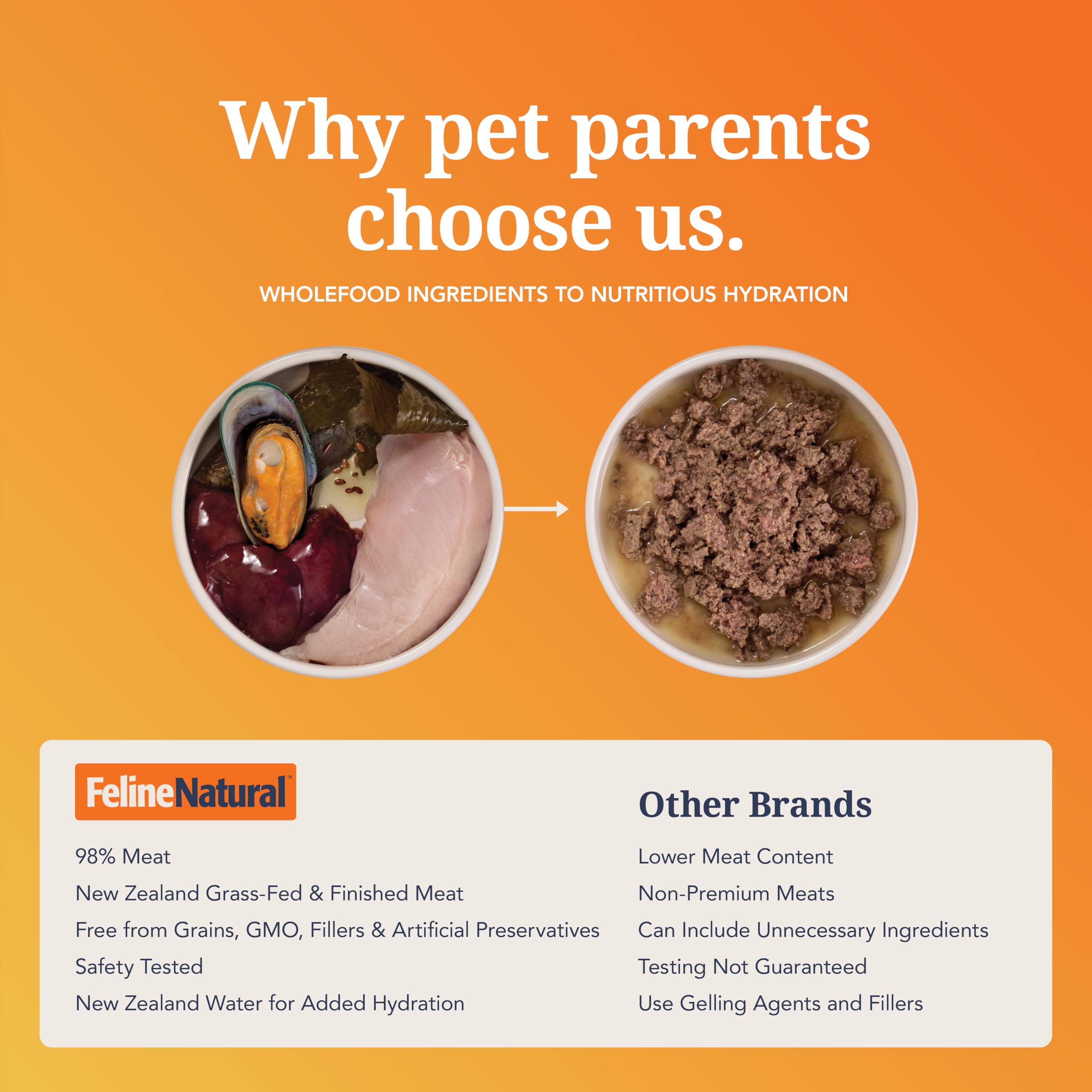 Feline Natural New Zealand catfood 12-pack can with nutrition information visible.