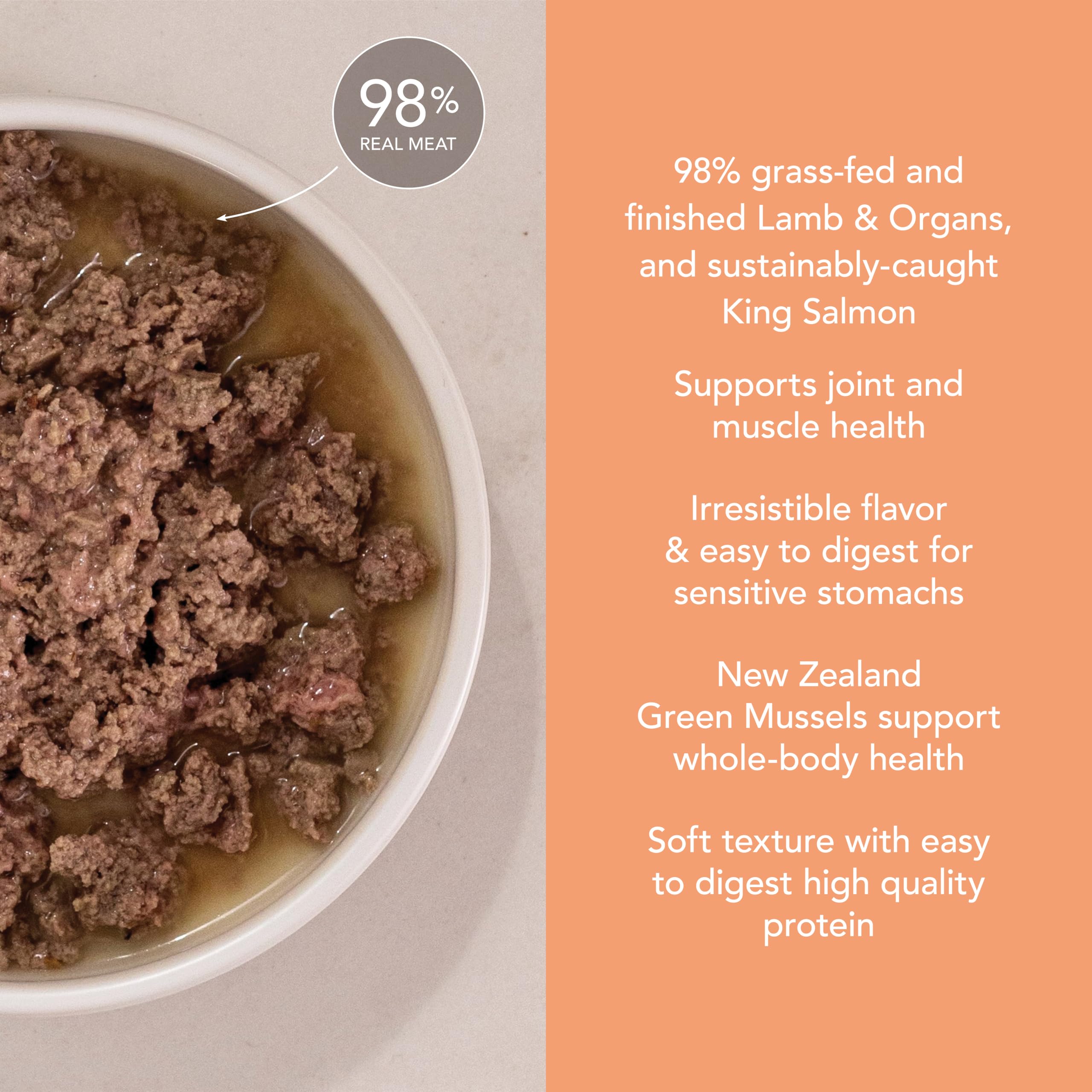 Feline Natural New Zealand lamb-salmon feast image showing real meat ingredients.
