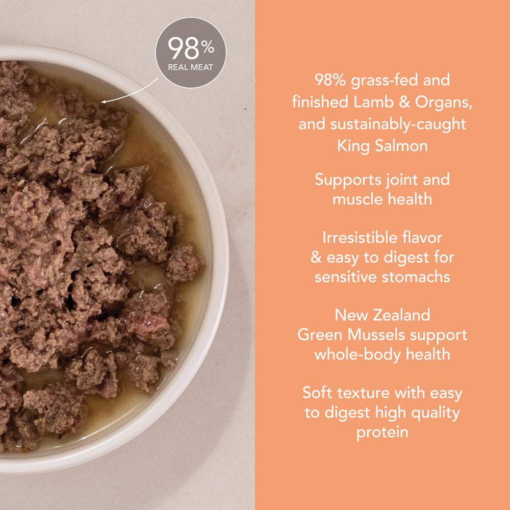Feline Natural New Zealand lamb-salmon feast image showing real meat ingredients.