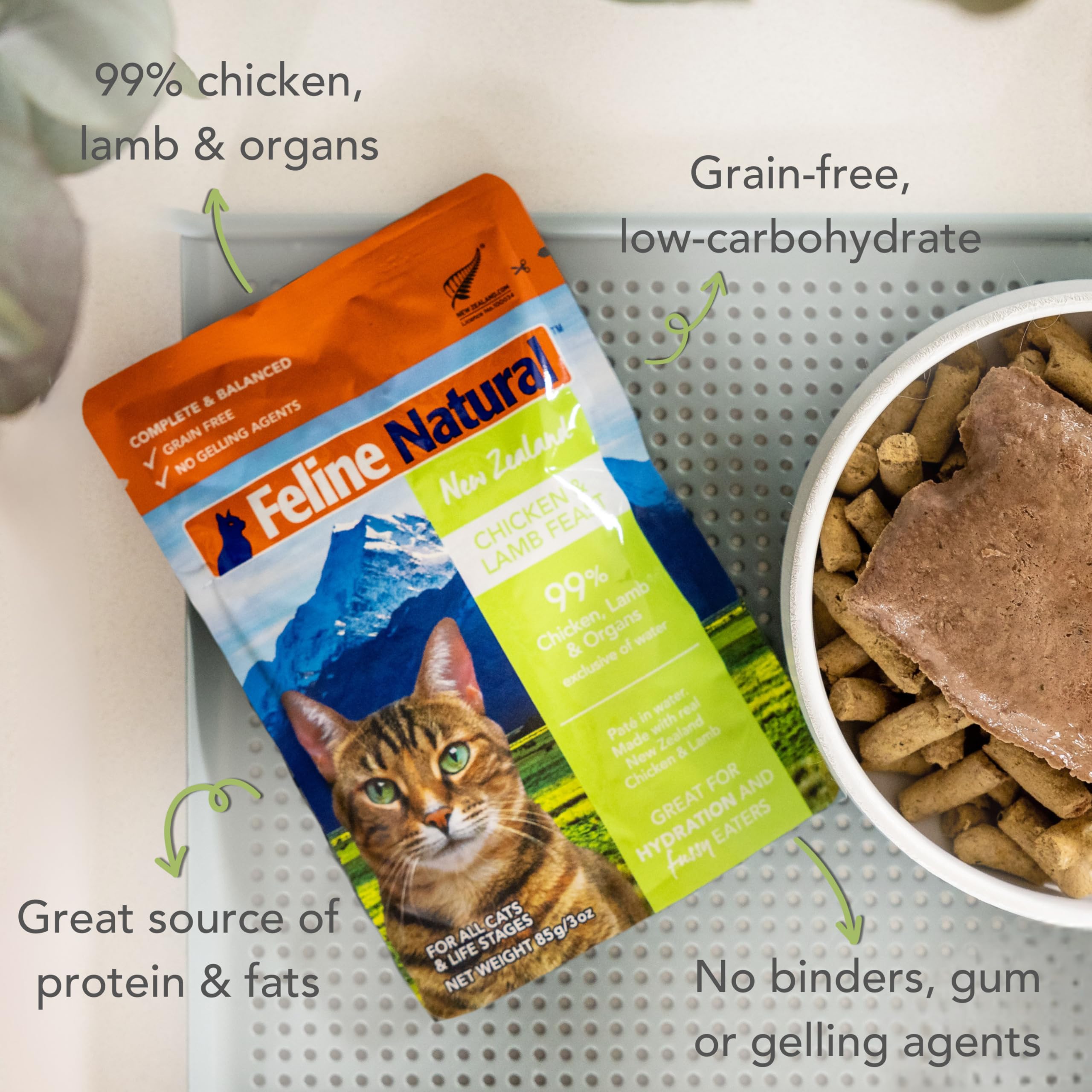 Feline Natural pate pouch back label with ingredients and feeding guidance