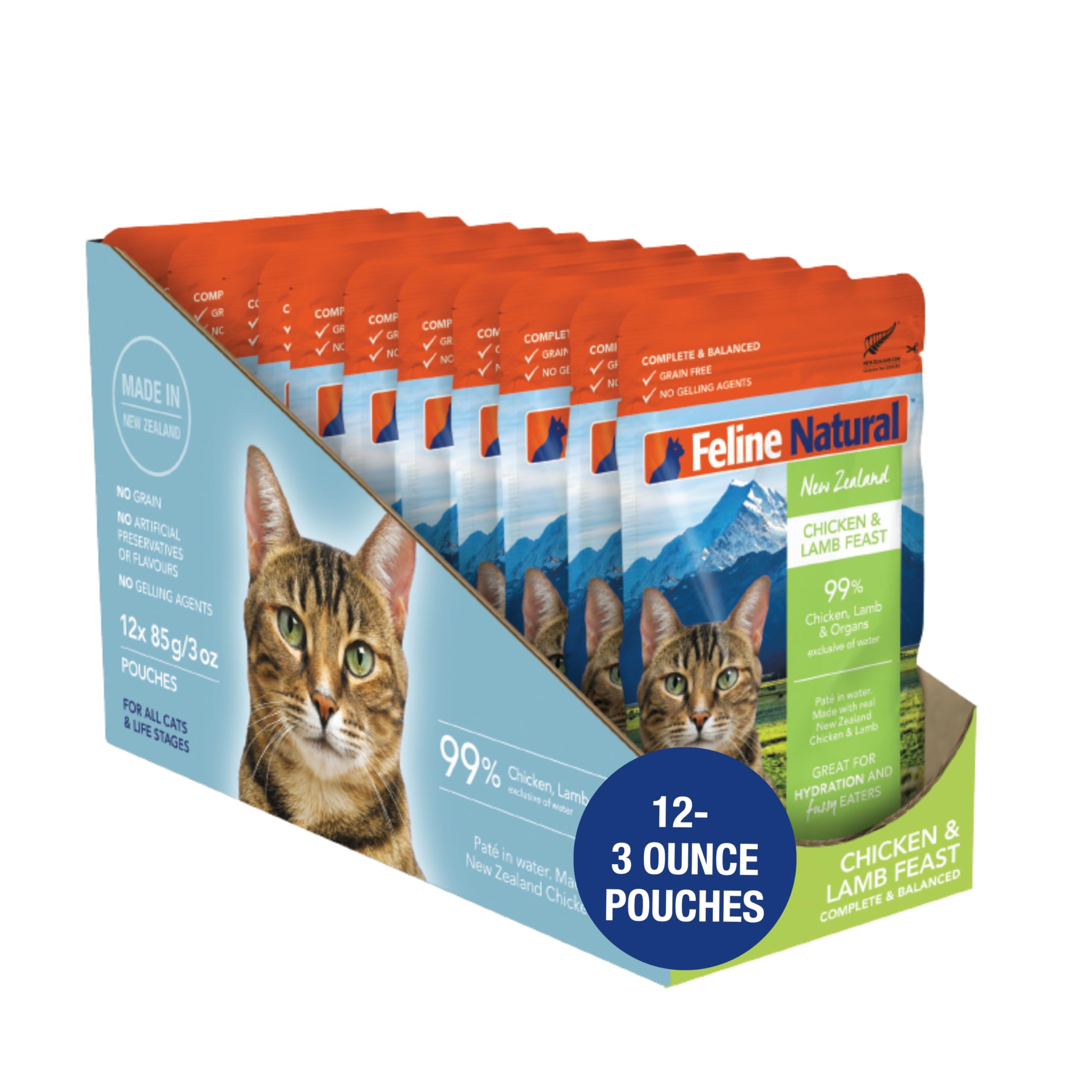 Feline Natural pate pouch front view showing chicken and lamb recipe for cats