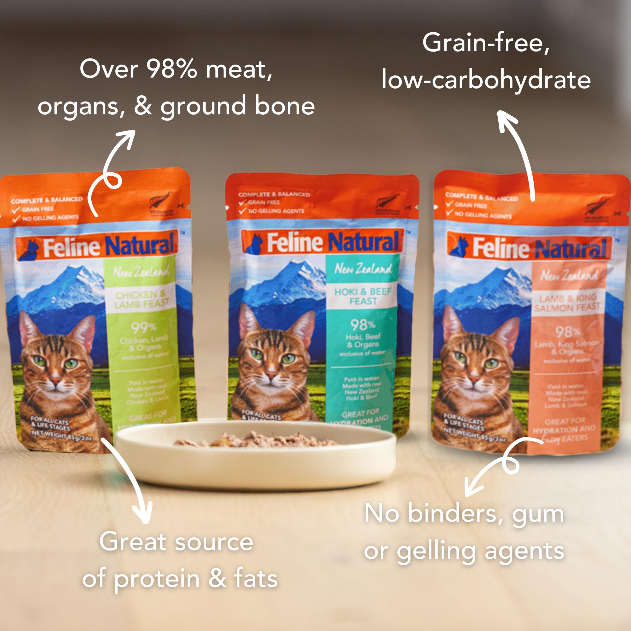 Feline Natural pate pouch open, showcasing ready-to-serve wet cat food.