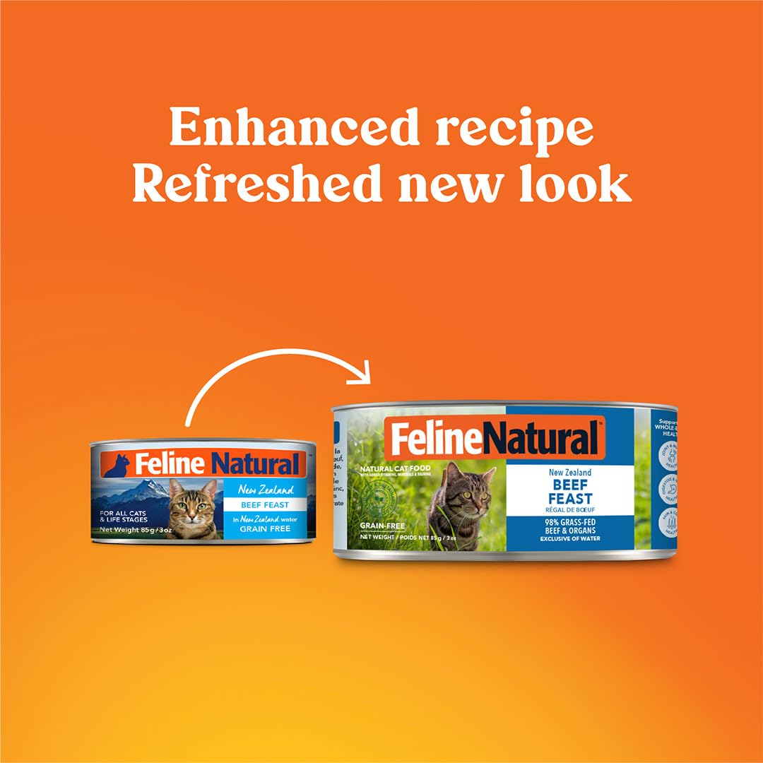 Feline Natural real meat and organs formula emphasizes lean muscle and balanced nutrition.