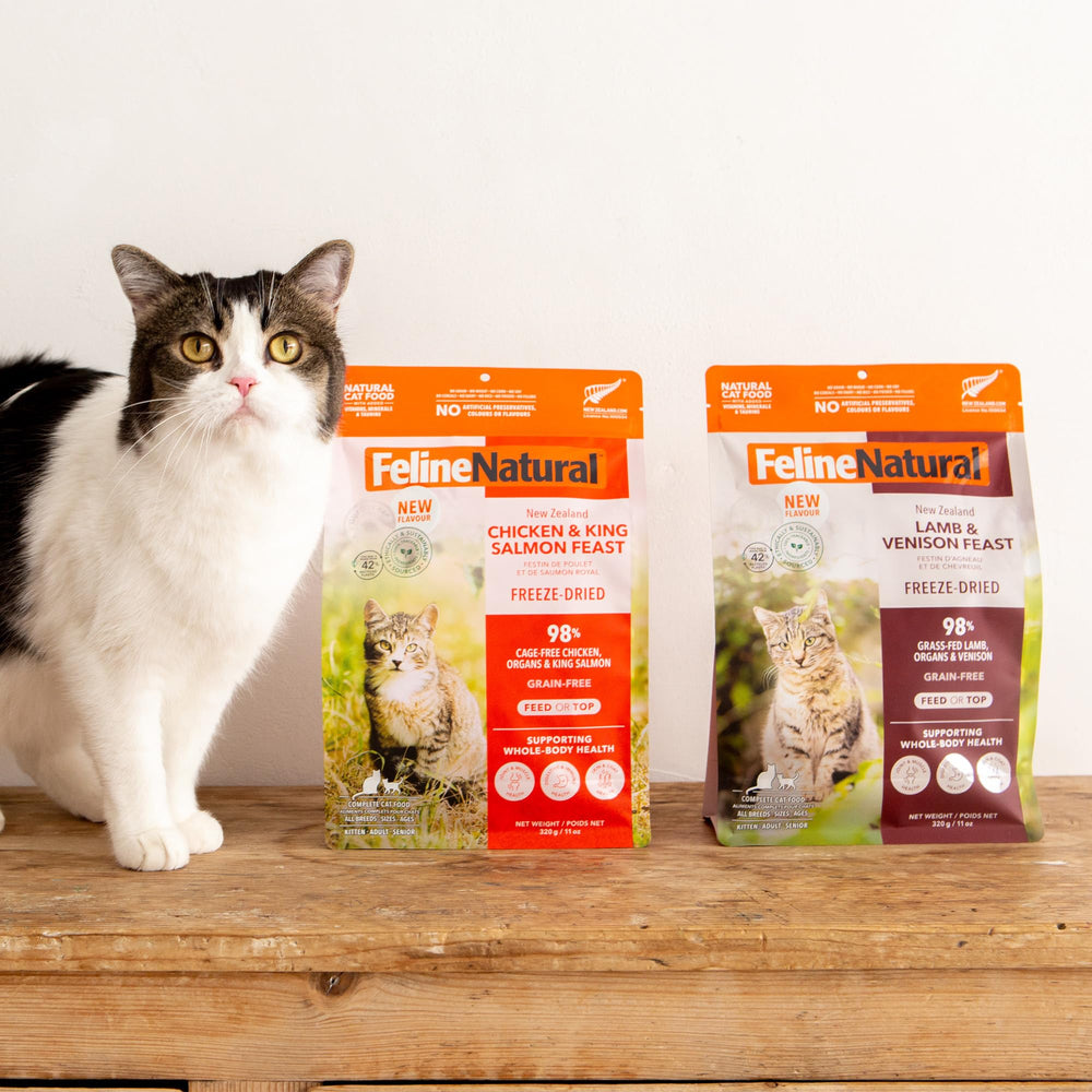 Feline Natural serving ideas showing crunch or topper on kibble