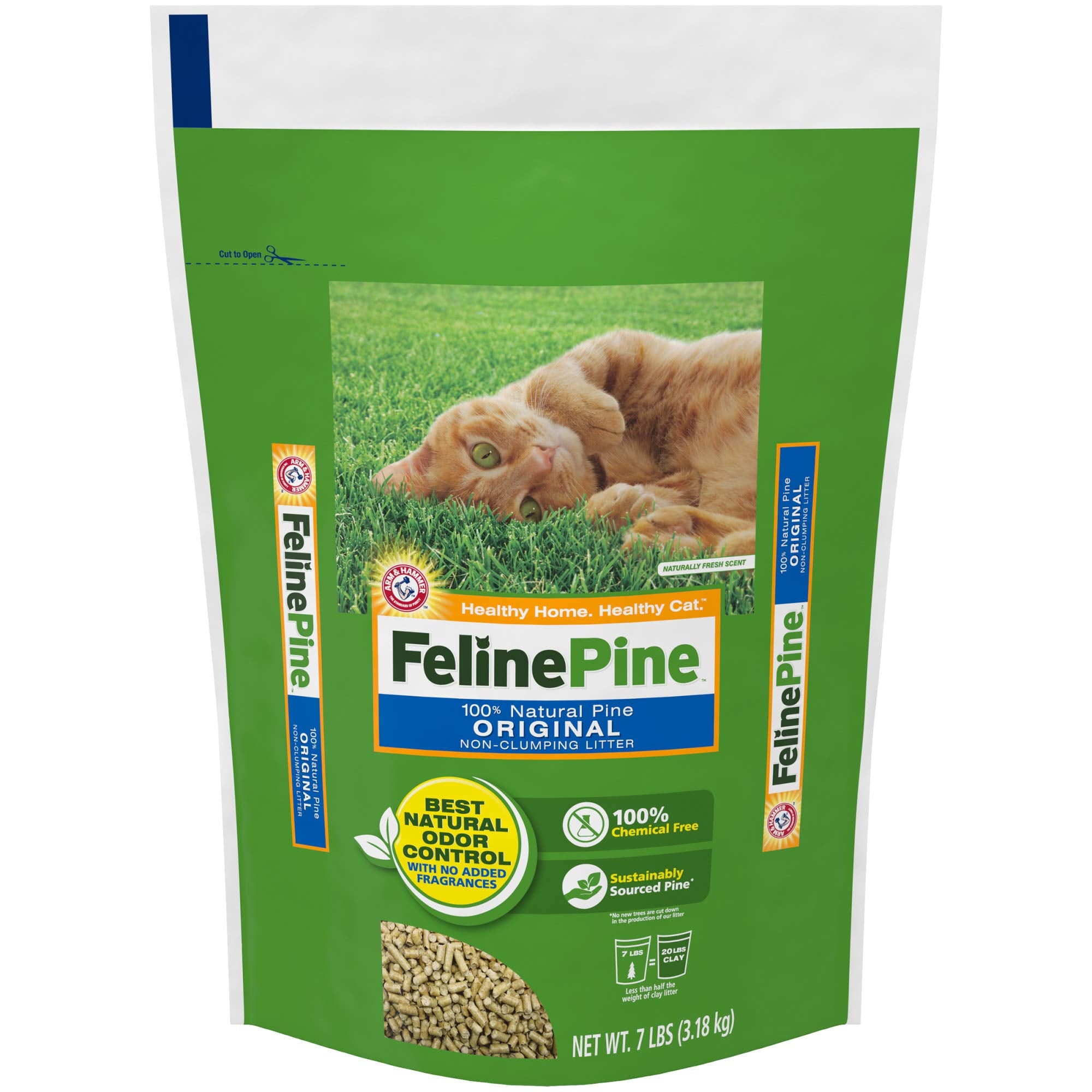 Feline Pine Original 7lb bag showing natural pine litter for odor control.