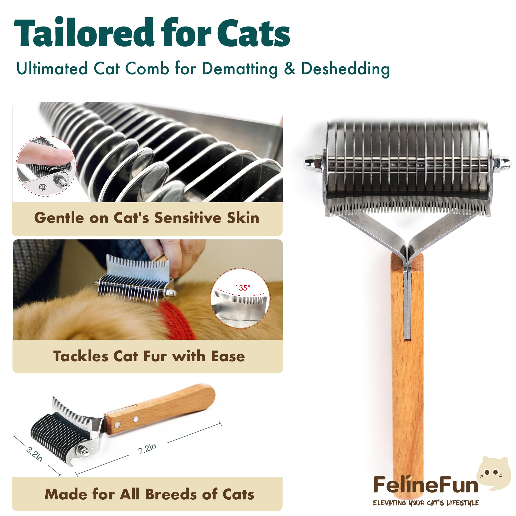 FelineFun cat brush higher-density side desheds fur and detangles undercoat.