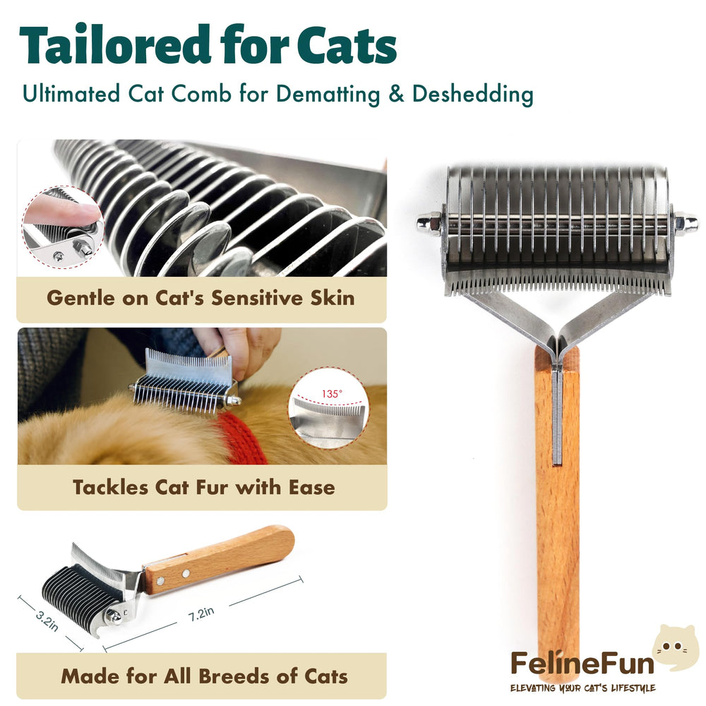 FelineFun cat brush higher-density side desheds fur and detangles undercoat.