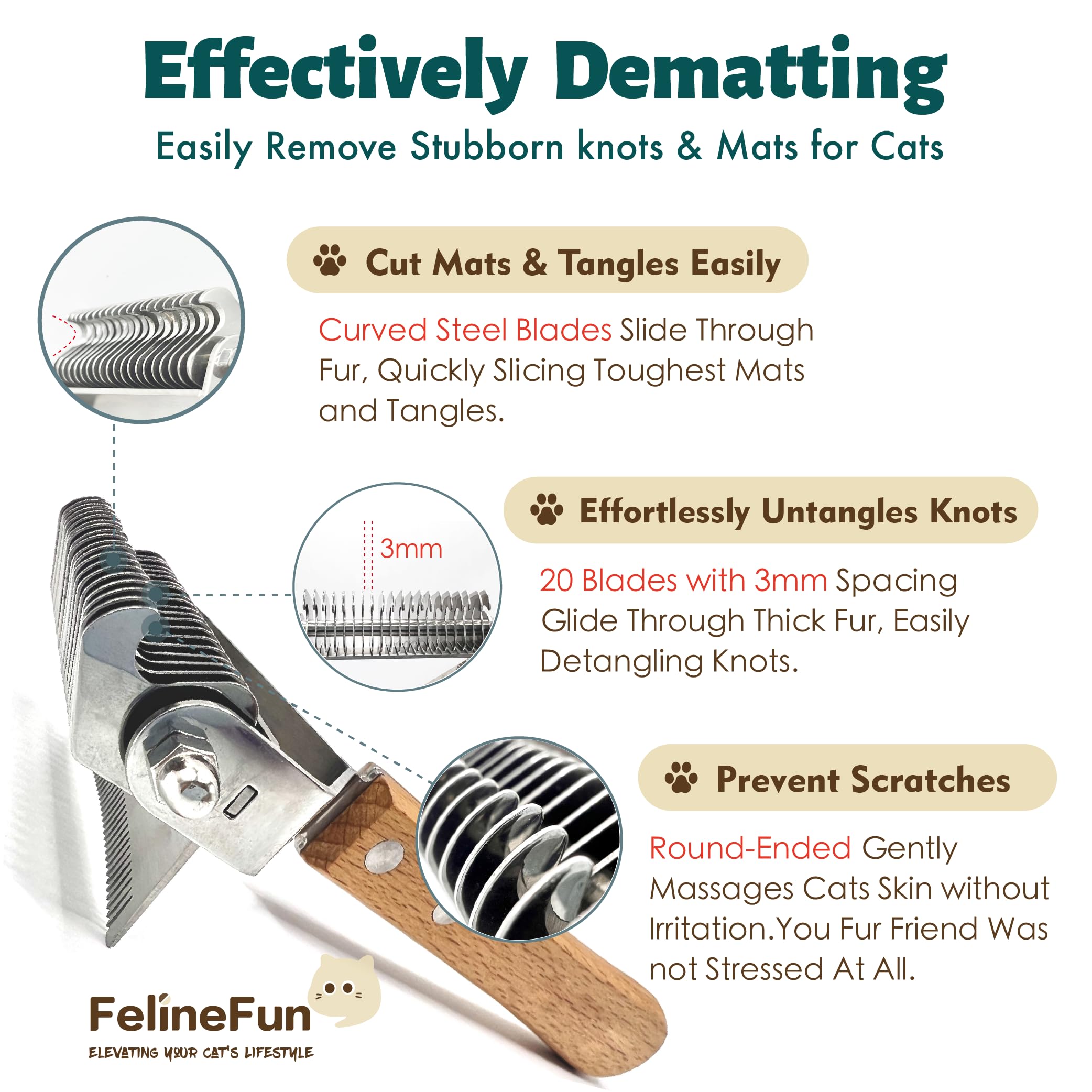 Stainless steel blades of the FelineFun brush for effective grooming.