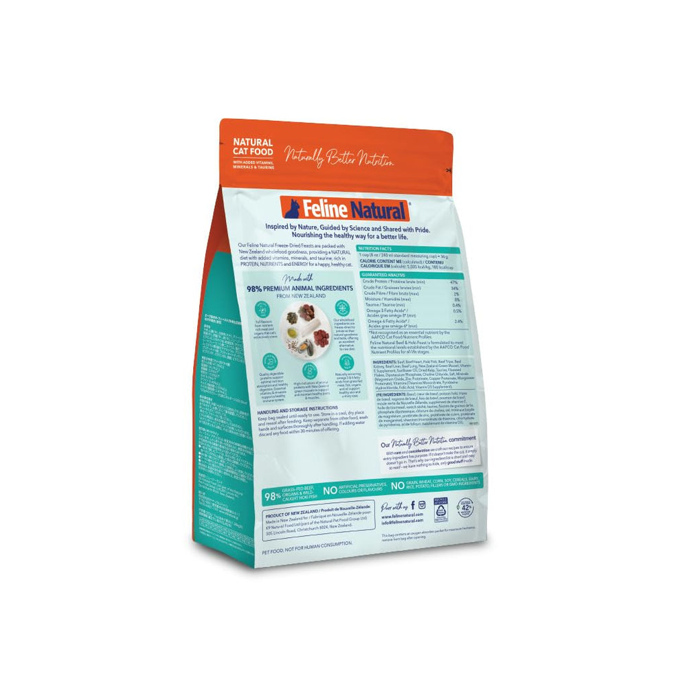 Sealed, easy-to-store bag of Feline Natural cat food.