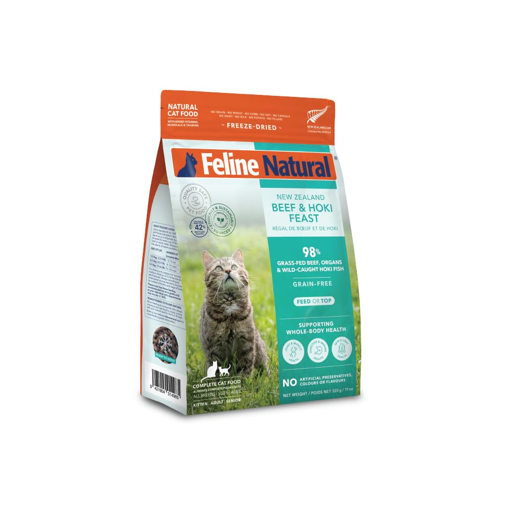Grain-free dry cat food from Feline Natural, no peas or grains.
