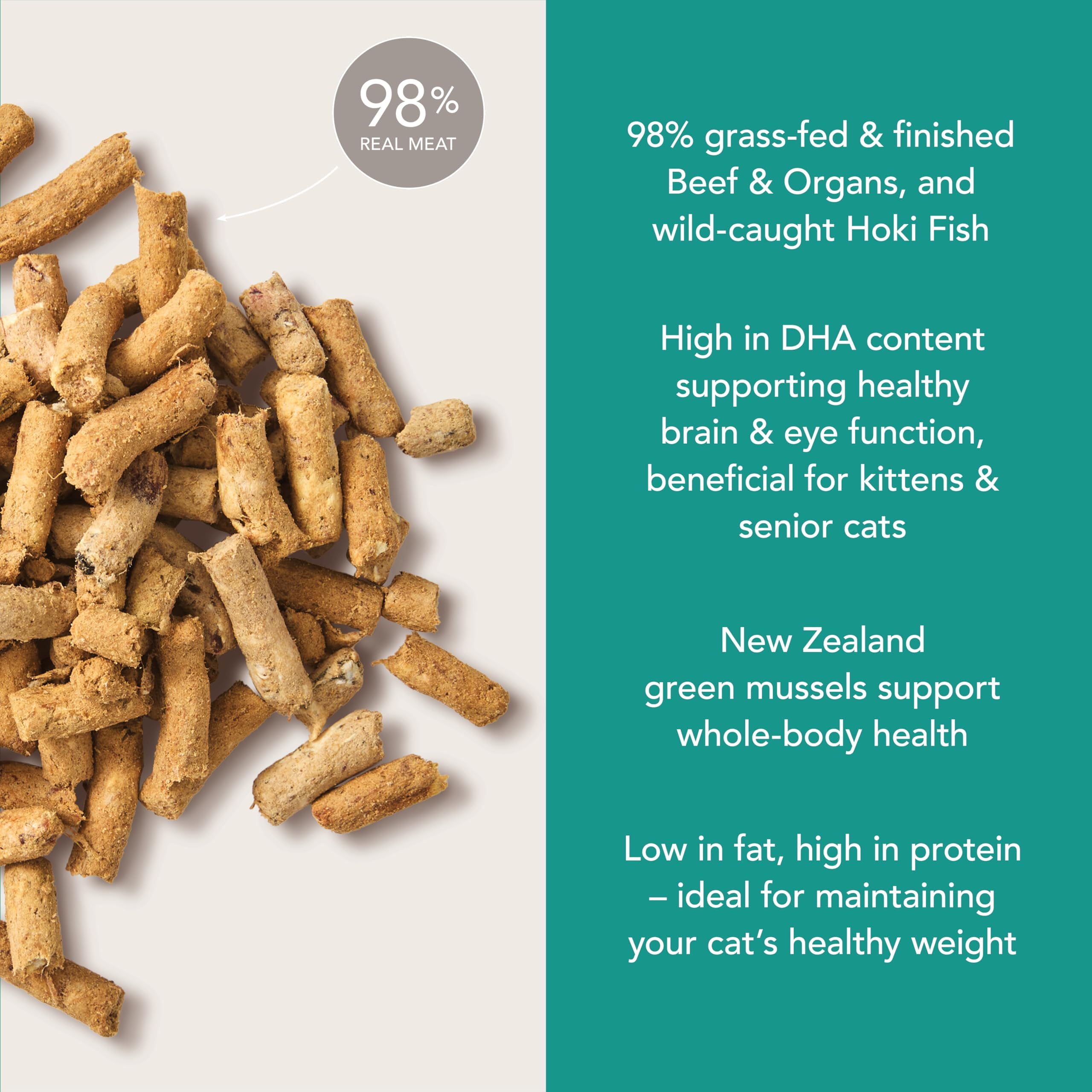 Close-up of transparent ingredients label on Feline Natural packaging.