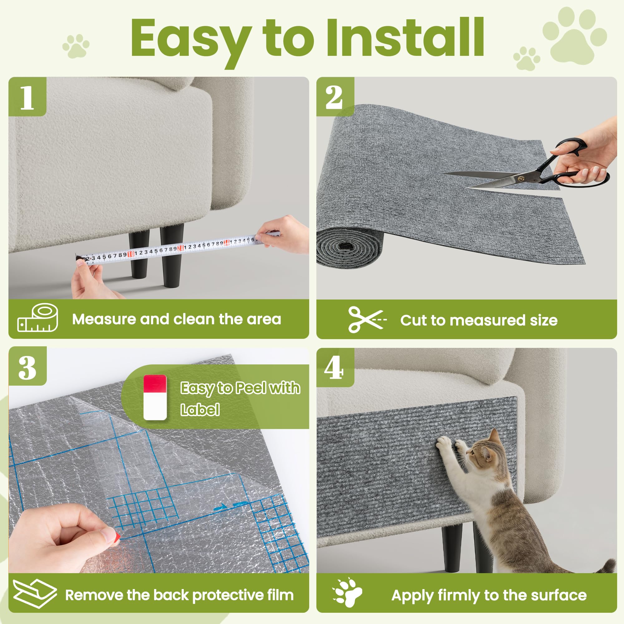 Feliskyn cat-scratch-couch-protector installation-steps shows simple setup with heat and tape tips.