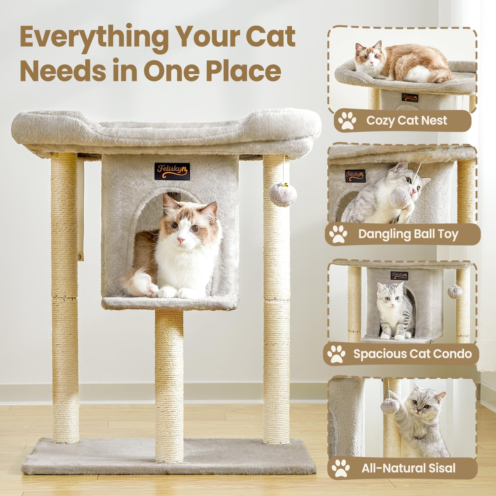 Feliskyn modern design cat tree fits small spaces without bulk.